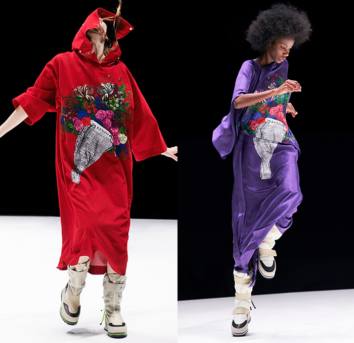 Kenzo 2021-2022 Fall Autumn Winter Womens Runway Looks - Oversized Outerwear Parka Coat Poncho Hoodie Onesie Bodysuit Coveralls Unitard Chains Links Cups Goblets Flowers Floral Birds Branches Landscape Stripes Fur Shearling Leggings Tights Drawstring Knit Sweater Vest Plaid Check Flannel Handkerchief Dress Shawl Fringes Quilted Puffer Tiered Peplum Wool Cargo Pockets Comforter Blanket Boho Fanny Pack Belt Pouch Bum Bag Snow Boots