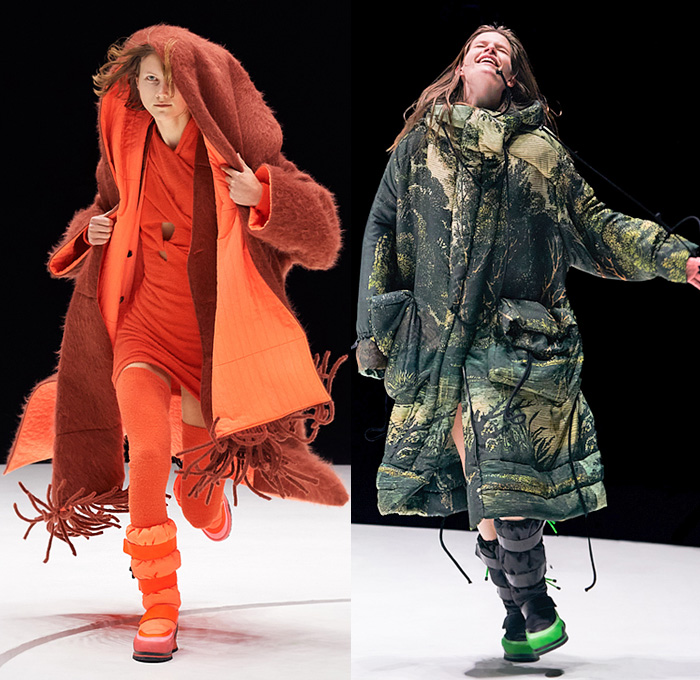 Kenzo 2021-2022 Fall Autumn Winter Womens Runway Looks - Oversized Outerwear Parka Coat Poncho Hoodie Onesie Bodysuit Coveralls Unitard Chains Links Cups Goblets Flowers Floral Birds Branches Landscape Stripes Fur Shearling Leggings Tights Drawstring Knit Sweater Vest Plaid Check Flannel Handkerchief Dress Shawl Fringes Quilted Puffer Tiered Peplum Wool Cargo Pockets Comforter Blanket Boho Fanny Pack Belt Pouch Bum Bag Snow Boots