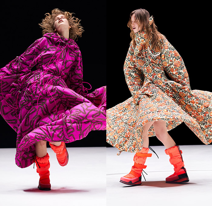 Kenzo 2021-2022 Fall Autumn Winter Womens Runway Looks - Oversized Outerwear Parka Coat Poncho Hoodie Onesie Bodysuit Coveralls Unitard Chains Links Cups Goblets Flowers Floral Birds Branches Landscape Stripes Fur Shearling Leggings Tights Drawstring Knit Sweater Vest Plaid Check Flannel Handkerchief Dress Shawl Fringes Quilted Puffer Tiered Peplum Wool Cargo Pockets Comforter Blanket Boho Fanny Pack Belt Pouch Bum Bag Snow Boots