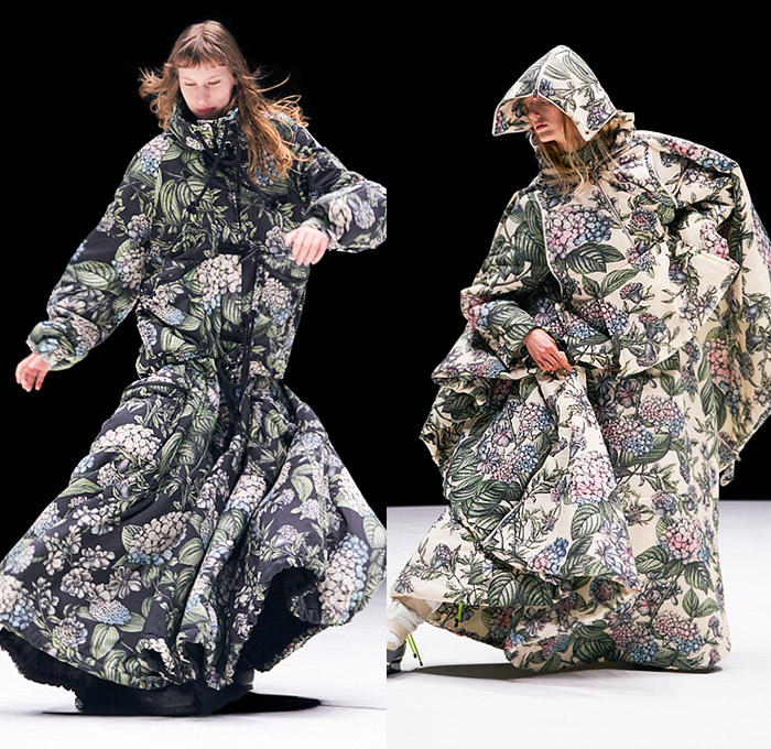 Kenzo 2021-2022 Fall Autumn Winter Womens Runway Looks - Oversized Outerwear Parka Coat Poncho Hoodie Onesie Bodysuit Coveralls Unitard Chains Links Cups Goblets Flowers Floral Birds Branches Landscape Stripes Fur Shearling Leggings Tights Drawstring Knit Sweater Vest Plaid Check Flannel Handkerchief Dress Shawl Fringes Quilted Puffer Tiered Peplum Wool Cargo Pockets Comforter Blanket Boho Fanny Pack Belt Pouch Bum Bag Snow Boots