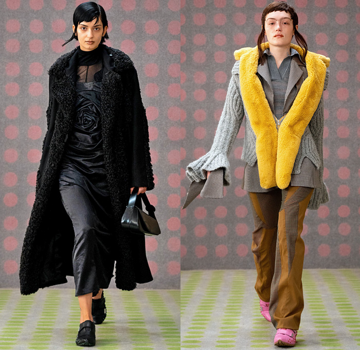 Kiko Kostadinov 2021-2022 Fall Autumn Winter Womens Runway Catwalk Looks - London Fashion Week Collections UK - Flâneuse Retrofuturism 1990s Nineties Knit Weave Vest Sweaterdress Stripes Fur Shearling Trench Coat Jacket Patchwork Panels Houndstooth Check Rectangular Neck Sweater Scarf Capelet Optical Art Circles Deconstructed Blouse Sash Bell Sleeves Wrap Oversleeve Fins Trompe L'oeil Rose Flower Noodle Strap Dress Flare Pants Handbag Velcro Sneakers Boots