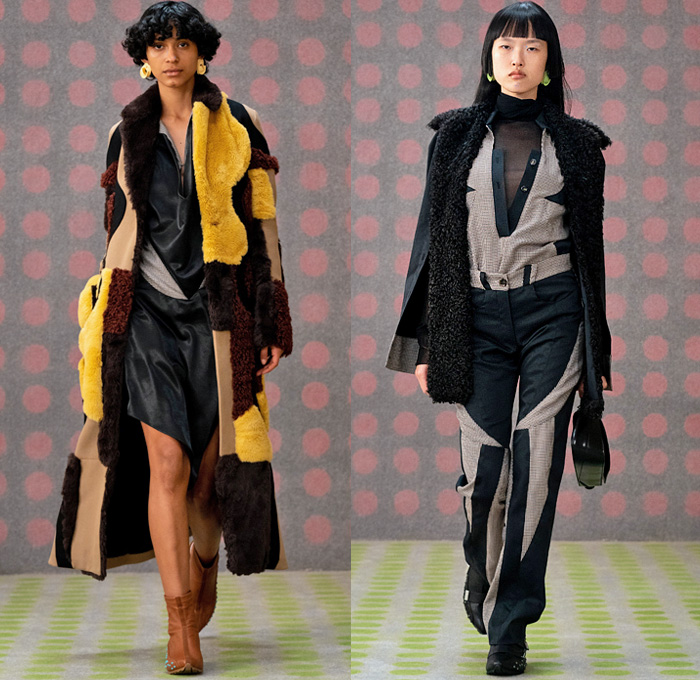 Kiko Kostadinov 2021-2022 Fall Autumn Winter Womens Runway Catwalk Looks - London Fashion Week Collections UK - Flâneuse Retrofuturism 1990s Nineties Knit Weave Vest Sweaterdress Stripes Fur Shearling Trench Coat Jacket Patchwork Panels Houndstooth Check Rectangular Neck Sweater Scarf Capelet Optical Art Circles Deconstructed Blouse Sash Bell Sleeves Wrap Oversleeve Fins Trompe L'oeil Rose Flower Noodle Strap Dress Flare Pants Handbag Velcro Sneakers Boots