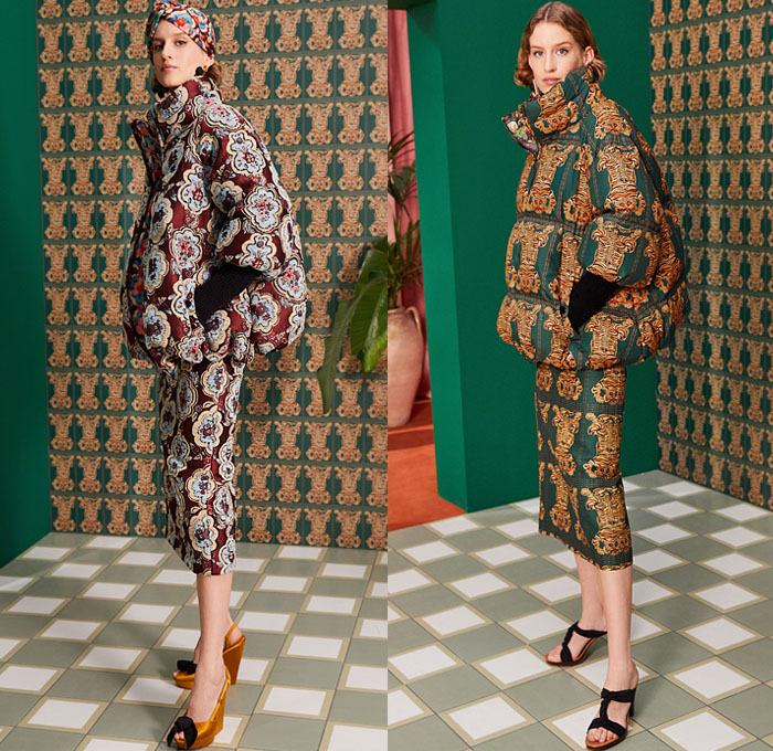 La DoubleJ 2021-2022 Fall Autumn Winter Womens Lookbook Presentation - Milano Moda Donna Collezione Milan Fashion Week Italy - Crazy Tiger Stripes Unicorn Forest Flowers Floral Geometric Circles Decorative Art Print Bomber Jacket Quilted Puffer Coat Pussycat Bow Knit Sweater One Shoulder Draped Maxi Dress Caftan Wide Bell Sleeves Shirtdress Mixed Patterns Accordion Pleats Pencil Skirt Handkerchief Hem Wide Leg Flare Cropped Pants Culottes Headwrap Tiara Twist Tied Heels Boots