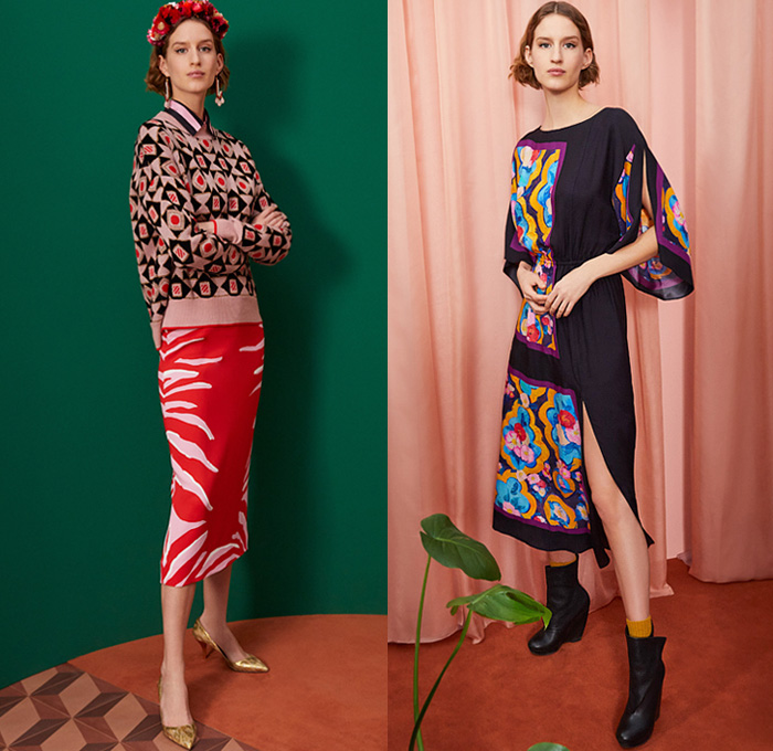 La DoubleJ 2021-2022 Fall Autumn Winter Womens Lookbook Presentation - Milano Moda Donna Collezione Milan Fashion Week Italy - Crazy Tiger Stripes Unicorn Forest Flowers Floral Geometric Circles Decorative Art Print Bomber Jacket Quilted Puffer Coat Pussycat Bow Knit Sweater One Shoulder Draped Maxi Dress Caftan Wide Bell Sleeves Shirtdress Mixed Patterns Accordion Pleats Pencil Skirt Handkerchief Hem Wide Leg Flare Cropped Pants Culottes Headwrap Tiara Twist Tied Heels Boots