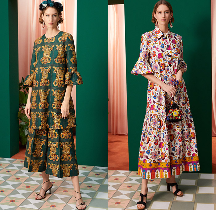La DoubleJ 2021-2022 Fall Autumn Winter Womens Lookbook Presentation - Milano Moda Donna Collezione Milan Fashion Week Italy - Crazy Tiger Stripes Unicorn Forest Flowers Floral Geometric Circles Decorative Art Print Bomber Jacket Quilted Puffer Coat Pussycat Bow Knit Sweater One Shoulder Draped Maxi Dress Caftan Wide Bell Sleeves Shirtdress Mixed Patterns Accordion Pleats Pencil Skirt Handkerchief Hem Wide Leg Flare Cropped Pants Culottes Headwrap Tiara Twist Tied Heels Boots