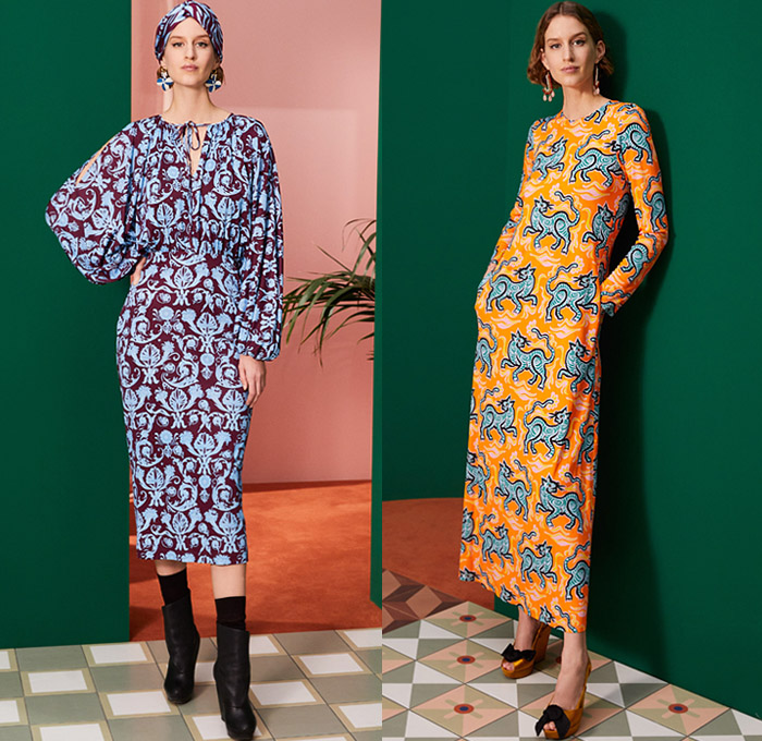 La DoubleJ 2021-2022 Fall Autumn Winter Womens Lookbook Presentation - Milano Moda Donna Collezione Milan Fashion Week Italy - Crazy Tiger Stripes Unicorn Forest Flowers Floral Geometric Circles Decorative Art Print Bomber Jacket Quilted Puffer Coat Pussycat Bow Knit Sweater One Shoulder Draped Maxi Dress Caftan Wide Bell Sleeves Shirtdress Mixed Patterns Accordion Pleats Pencil Skirt Handkerchief Hem Wide Leg Flare Cropped Pants Culottes Headwrap Tiara Twist Tied Heels Boots