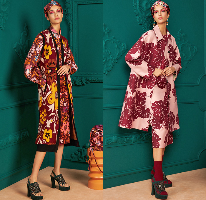 La DoubleJ 2021 Pre-Fall Autumn Womens Lookbook Presentation - 1960s Sixties Mod Flowers Fire Flower Selva Peacock Bird Cascata Ciccio Arancio Gumball Geometric Monstera Leaves Swing Bella Babydoll Flamenco Shift Maxi Dress Silk Twill Knit Sweater Cardigan Embroidery Jacquard Blouse Vest Tabard Gold Polka Dots Sport Band Stripes Bedazzled Gems Jewels Shirtdress Slit Poufy Shoulders Draped Puff Sleeves Jacket Coat Tiered Ruffles Sunset Pencil Skirt Culottes Wide Leg Headband Bag Clogs