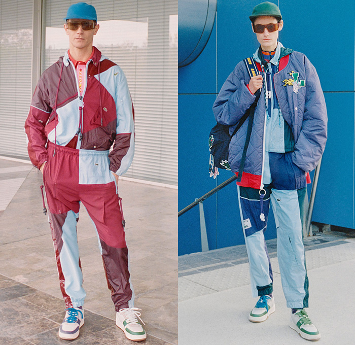 Lacoste 2021-2022 Fall Autumn Winter Mens Lookbook Presentation - Super Hero Croc - Active Lifestyle Athleisure Sportswear Athletics Trackwear Crocodile Logo Tennis Ball Flame Claws Layers Vest Drawstring Patchwork Quilted Puffer Coat Bomber Jacket Knit Sweater Cardigan Picnic Racing Check Mesh Shirt Nylon Sweatpants Jogger Sneakers Cap Clutch Shoulder Bag Tote Socks Sandals