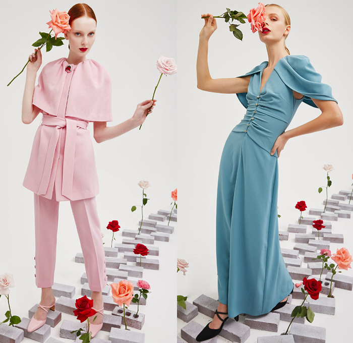 Lela Rose 2021-2022 Fall Autumn Winter Womens Lookbook Presentation - New York Fashion Week NYFW - Roses Petals Flowers Floral Bud Capelet Pellegrina Coat Sleeveless  Maxi Dress Gown Buttons Sheer Tulle Polka Dots Tutu Lace Embroidery Mesh Needlework Trompe L'oeil Puff Sleeves Ruffles Blouse Cropped Pants Boots Heels