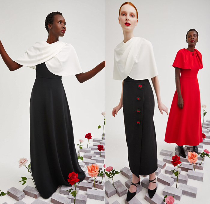 Lela Rose 2021-2022 Fall Autumn Winter Womens Lookbook Presentation - New York Fashion Week NYFW - Roses Petals Flowers Floral Bud Capelet Pellegrina Coat Sleeveless  Maxi Dress Gown Buttons Sheer Tulle Polka Dots Tutu Lace Embroidery Mesh Needlework Trompe L'oeil Puff Sleeves Ruffles Blouse Cropped Pants Boots Heels