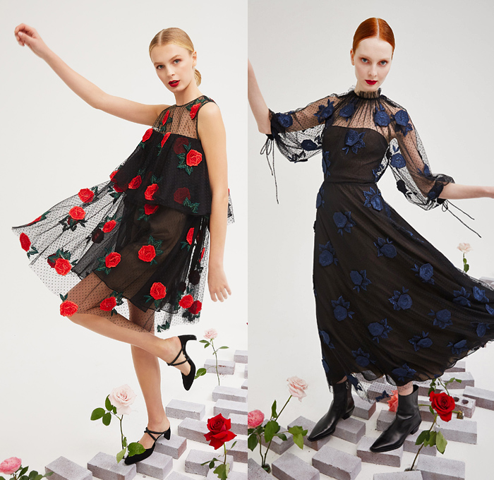 Lela Rose 2021-2022 Fall Autumn Winter Womens Lookbook Presentation - New York Fashion Week NYFW - Roses Petals Flowers Floral Bud Capelet Pellegrina Coat Sleeveless  Maxi Dress Gown Buttons Sheer Tulle Polka Dots Tutu Lace Embroidery Mesh Needlework Trompe L'oeil Puff Sleeves Ruffles Blouse Cropped Pants Boots Heels