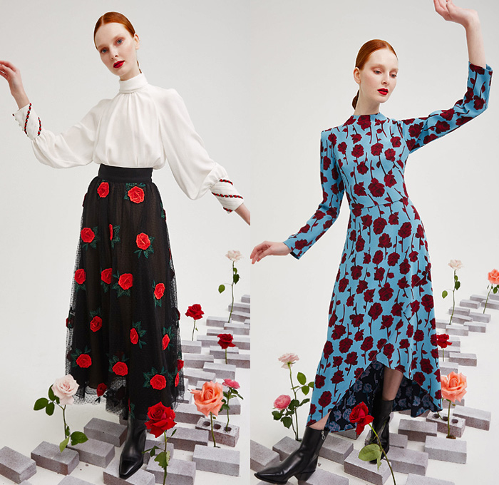 Lela Rose 2021-2022 Fall Autumn Winter Womens Lookbook Presentation - New York Fashion Week NYFW - Roses Petals Flowers Floral Bud Capelet Pellegrina Coat Sleeveless  Maxi Dress Gown Buttons Sheer Tulle Polka Dots Tutu Lace Embroidery Mesh Needlework Trompe L'oeil Puff Sleeves Ruffles Blouse Cropped Pants Boots Heels