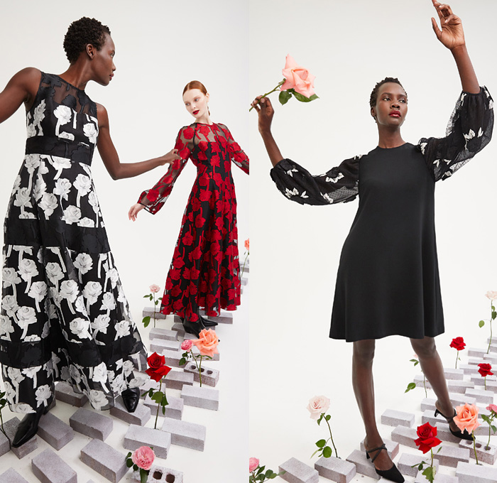 Lela Rose 2021-2022 Fall Autumn Winter Womens Lookbook Presentation - New York Fashion Week NYFW - Roses Petals Flowers Floral Bud Capelet Pellegrina Coat Sleeveless  Maxi Dress Gown Buttons Sheer Tulle Polka Dots Tutu Lace Embroidery Mesh Needlework Trompe L'oeil Puff Sleeves Ruffles Blouse Cropped Pants Boots Heels