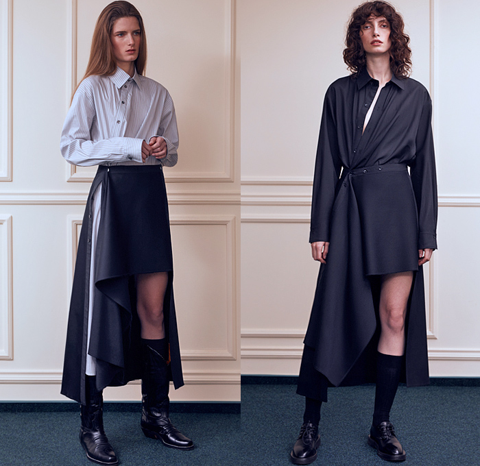 Litkovskaya 2021-2022 Fall Autumn Winter Womens Lookbook Presentation - Paris Fashion Week Femme PFW - Poeta Semper Tiro - Asymmetrical Closure Deconstructed Shirt Stripes Blouse Lace Up Corset Shapewear Sleeveless Vest Wool Drawstring Layers Draped Peel Away Fold over Twist Patchwork Robe Trench Pea Coat Lapel Button Blazer Quilted Puffer Hoodie Parka Coatdress Ribbon Wires Wrap Around Tied Shawl Mullet High Low Hem Skirt Wide Leg Flare Pants Boots Derby Shoes