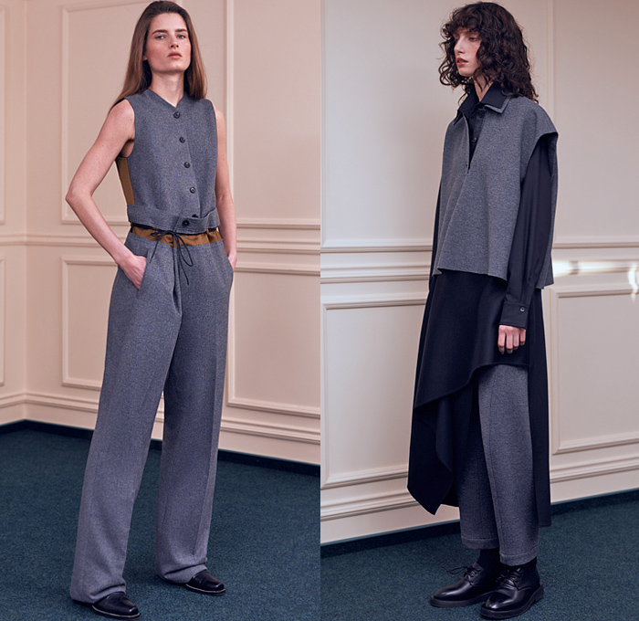 Litkovskaya 2021-2022 Fall Autumn Winter Womens Lookbook Presentation - Paris Fashion Week Femme PFW - Poeta Semper Tiro - Asymmetrical Closure Deconstructed Shirt Stripes Blouse Lace Up Corset Shapewear Sleeveless Vest Wool Drawstring Layers Draped Peel Away Fold over Twist Patchwork Robe Trench Pea Coat Lapel Button Blazer Quilted Puffer Hoodie Parka Coatdress Ribbon Wires Wrap Around Tied Shawl Mullet High Low Hem Skirt Wide Leg Flare Pants Boots Derby Shoes