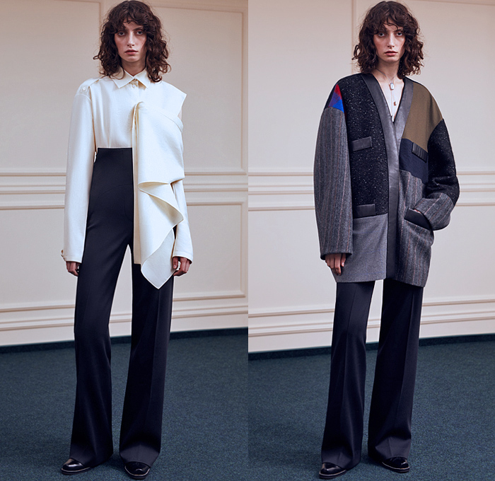 Litkovskaya 2021-2022 Fall Autumn Winter Womens Lookbook Presentation - Paris Fashion Week Femme PFW - Poeta Semper Tiro - Asymmetrical Closure Deconstructed Shirt Stripes Blouse Lace Up Corset Shapewear Sleeveless Vest Wool Drawstring Layers Draped Peel Away Fold over Twist Patchwork Robe Trench Pea Coat Lapel Button Blazer Quilted Puffer Hoodie Parka Coatdress Ribbon Wires Wrap Around Tied Shawl Mullet High Low Hem Skirt Wide Leg Flare Pants Boots Derby Shoes