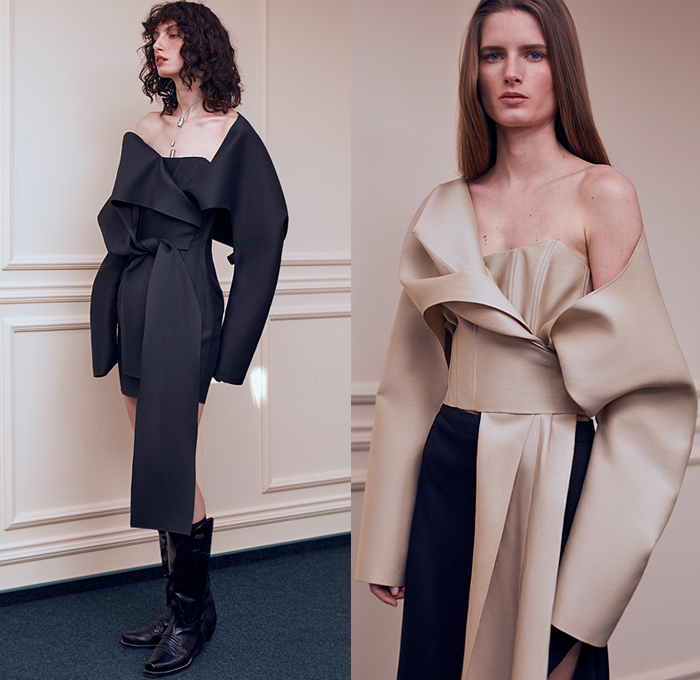 Litkovskaya 2021-2022 Fall Autumn Winter Womens Lookbook Presentation - Paris Fashion Week Femme PFW - Poeta Semper Tiro - Asymmetrical Closure Deconstructed Shirt Stripes Blouse Lace Up Corset Shapewear Sleeveless Vest Wool Drawstring Layers Draped Peel Away Fold over Twist Patchwork Robe Trench Pea Coat Lapel Button Blazer Quilted Puffer Hoodie Parka Coatdress Ribbon Wires Wrap Around Tied Shawl Mullet High Low Hem Skirt Wide Leg Flare Pants Boots Derby Shoes