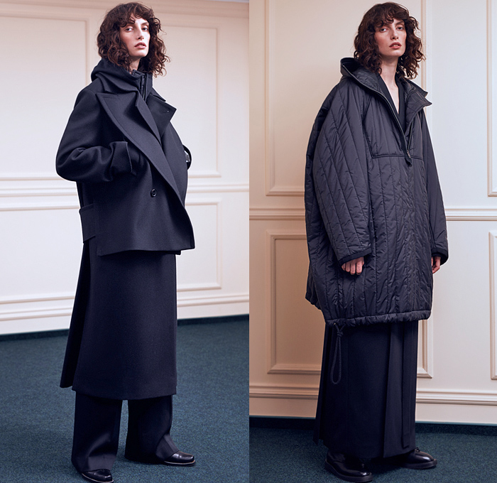 Litkovskaya 2021-2022 Fall Autumn Winter Womens Lookbook Presentation - Paris Fashion Week Femme PFW - Poeta Semper Tiro - Asymmetrical Closure Deconstructed Shirt Stripes Blouse Lace Up Corset Shapewear Sleeveless Vest Wool Drawstring Layers Draped Peel Away Fold over Twist Patchwork Robe Trench Pea Coat Lapel Button Blazer Quilted Puffer Hoodie Parka Coatdress Ribbon Wires Wrap Around Tied Shawl Mullet High Low Hem Skirt Wide Leg Flare Pants Boots Derby Shoes