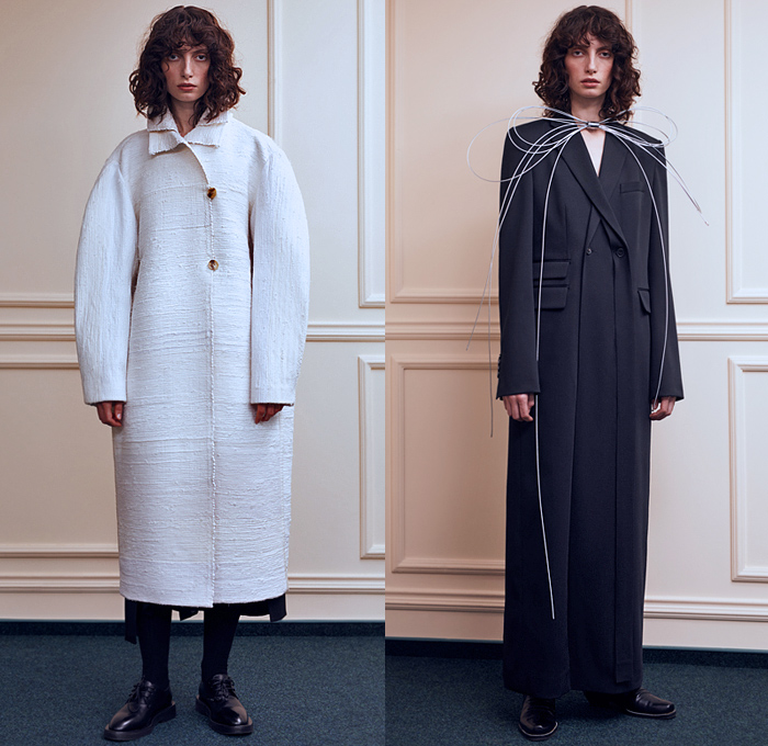 Litkovskaya 2021-2022 Fall Autumn Winter Womens Lookbook Presentation - Paris Fashion Week Femme PFW - Poeta Semper Tiro - Asymmetrical Closure Deconstructed Shirt Stripes Blouse Lace Up Corset Shapewear Sleeveless Vest Wool Drawstring Layers Draped Peel Away Fold over Twist Patchwork Robe Trench Pea Coat Lapel Button Blazer Quilted Puffer Hoodie Parka Coatdress Ribbon Wires Wrap Around Tied Shawl Mullet High Low Hem Skirt Wide Leg Flare Pants Boots Derby Shoes