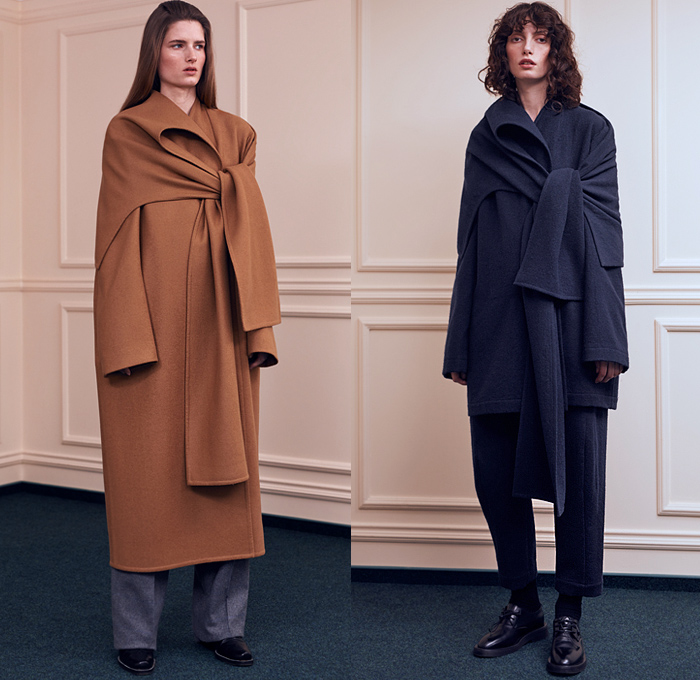 Litkovskaya 2021-2022 Fall Autumn Winter Womens Lookbook Presentation - Paris Fashion Week Femme PFW - Poeta Semper Tiro - Asymmetrical Closure Deconstructed Shirt Stripes Blouse Lace Up Corset Shapewear Sleeveless Vest Wool Drawstring Layers Draped Peel Away Fold over Twist Patchwork Robe Trench Pea Coat Lapel Button Blazer Quilted Puffer Hoodie Parka Coatdress Ribbon Wires Wrap Around Tied Shawl Mullet High Low Hem Skirt Wide Leg Flare Pants Boots Derby Shoes