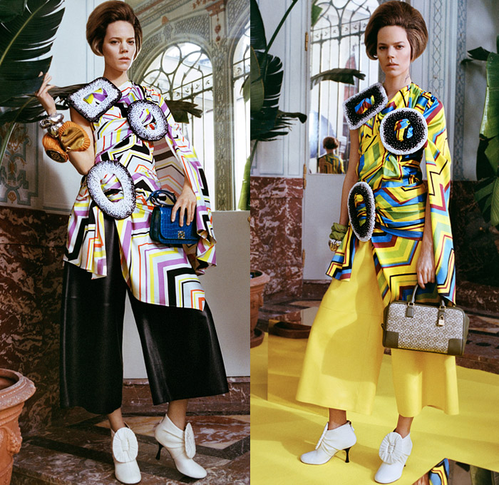 Loewe 2021-2022 Fall Autumn Winter Womens Lookbook Presentation - Paris Fashion Week Femme PFW - Bouffant Retro Big Oversized Buckles Zigzag Colorful Strings Rope Wrap Dress Tied Knot Cinch Draped Capelet Bedazzled Sequins Crystals One Shoulder Strapless Ribbed Poufy Puff Sleeves Silk Satin Sheer Trompe L'oeil Fringes Gown Cutout Mohair Knit Sweater Harness Shawl Tassels Wide Leg Culottes Pantsuit Patchwork Cargo Pants Quilted Puffer Coat Handbag Wrist Pouch Boots Loafer Wedge Mules