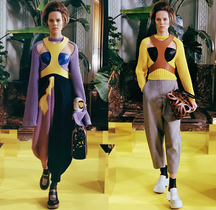 Loewe 2021-2022 Fall Autumn Winter Womens Lookbook Presentation - Paris Fashion Week Femme PFW - Bouffant Retro Big Oversized Buckles Zigzag Colorful Strings Rope Wrap Dress Tied Knot Cinch Draped Capelet Bedazzled Sequins Crystals One Shoulder Strapless Ribbed Poufy Puff Sleeves Silk Satin Sheer Trompe L'oeil Fringes Gown Cutout Mohair Knit Sweater Harness Shawl Tassels Wide Leg Culottes Pantsuit Patchwork Cargo Pants Quilted Puffer Coat Handbag Wrist Pouch Boots Loafer Wedge Mules