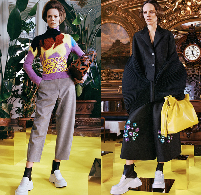 Loewe 2021-2022 Fall Autumn Winter Womens Lookbook Presentation - Paris Fashion Week Femme PFW - Bouffant Retro Big Oversized Buckles Zigzag Colorful Strings Rope Wrap Dress Tied Knot Cinch Draped Capelet Bedazzled Sequins Crystals One Shoulder Strapless Ribbed Poufy Puff Sleeves Silk Satin Sheer Trompe L'oeil Fringes Gown Cutout Mohair Knit Sweater Harness Shawl Tassels Wide Leg Culottes Pantsuit Patchwork Cargo Pants Quilted Puffer Coat Handbag Wrist Pouch Boots Loafer Wedge Mules