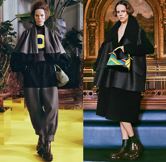 Loewe 2021-2022 Fall Autumn Winter Womens Lookbook Presentation - Paris Fashion Week Femme PFW - Bouffant Retro Big Oversized Buckles Zigzag Colorful Strings Rope Wrap Dress Tied Knot Cinch Draped Capelet Bedazzled Sequins Crystals One Shoulder Strapless Ribbed Poufy Puff Sleeves Silk Satin Sheer Trompe L'oeil Fringes Gown Cutout Mohair Knit Sweater Harness Shawl Tassels Wide Leg Culottes Pantsuit Patchwork Cargo Pants Quilted Puffer Coat Handbag Wrist Pouch Boots Loafer Wedge Mules