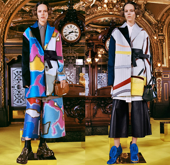 Loewe 2021-2022 Fall Autumn Winter Womens Lookbook Presentation - Paris Fashion Week Femme PFW - Bouffant Retro Big Oversized Buckles Zigzag Colorful Strings Rope Wrap Dress Tied Knot Cinch Draped Capelet Bedazzled Sequins Crystals One Shoulder Strapless Ribbed Poufy Puff Sleeves Silk Satin Sheer Trompe L'oeil Fringes Gown Cutout Mohair Knit Sweater Harness Shawl Tassels Wide Leg Culottes Pantsuit Patchwork Cargo Pants Quilted Puffer Coat Handbag Wrist Pouch Boots Loafer Wedge Mules