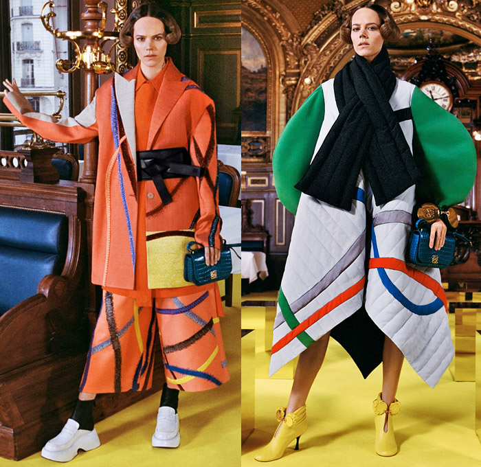 Loewe 2021-2022 Fall Autumn Winter Womens Lookbook Presentation - Paris Fashion Week Femme PFW - Bouffant Retro Big Oversized Buckles Zigzag Colorful Strings Rope Wrap Dress Tied Knot Cinch Draped Capelet Bedazzled Sequins Crystals One Shoulder Strapless Ribbed Poufy Puff Sleeves Silk Satin Sheer Trompe L'oeil Fringes Gown Cutout Mohair Knit Sweater Harness Shawl Tassels Wide Leg Culottes Pantsuit Patchwork Cargo Pants Quilted Puffer Coat Handbag Wrist Pouch Boots Loafer Wedge Mules