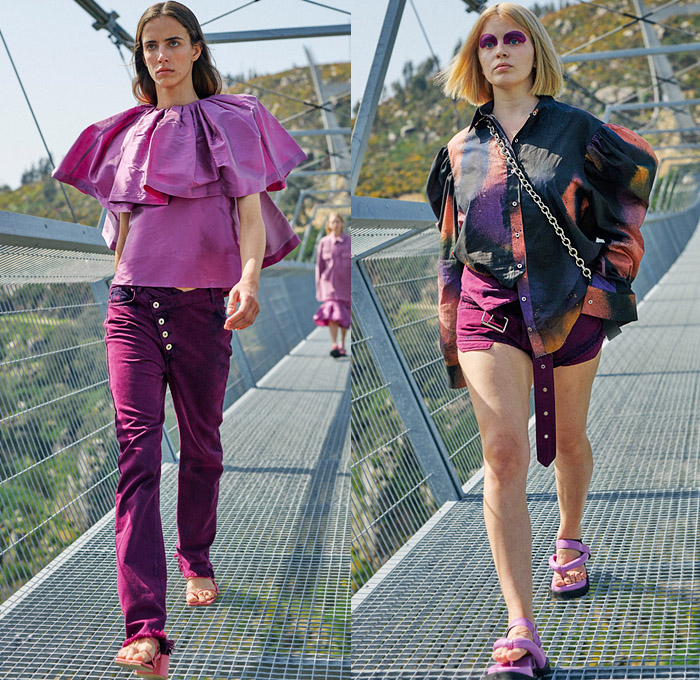 Marques'Almeida 2021-2022 Fall Autumn Winter Womens Runway Catwalk Looks - 516 Arouca Suspension Bridge Portugal - Upcycled Recycled Dip Dye Acid Wash Stain Ink Grunge Abstract Sprayed Destroyed Frayed Denim Jeans Metal Studs Shirt Kit Sweaterdress Spikes Crossover Waistband Trench Coat Blazer Puff Ball Skirt Tank Top Ruffles Wide Leg Off Shoulder Poufy Puff Sleeves Shorts Cutoffs Shirtdress Draped Feathers Fringes Maxi Dress Chain Handbag Motorcycle Biker Boots Tube Sandals