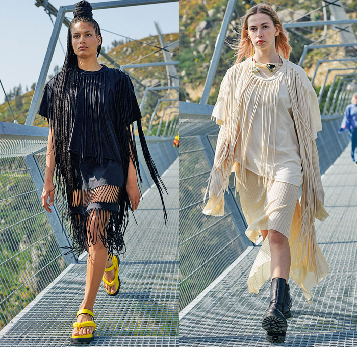 Marques'Almeida 2021-2022 Fall Autumn Winter Womens Runway Catwalk Looks - 516 Arouca Suspension Bridge Portugal - Upcycled Recycled Dip Dye Acid Wash Stain Ink Grunge Abstract Sprayed Destroyed Frayed Denim Jeans Metal Studs Shirt Kit Sweaterdress Spikes Crossover Waistband Trench Coat Blazer Puff Ball Skirt Tank Top Ruffles Wide Leg Off Shoulder Poufy Puff Sleeves Shorts Cutoffs Shirtdress Draped Feathers Fringes Maxi Dress Chain Handbag Motorcycle Biker Boots Tube Sandals