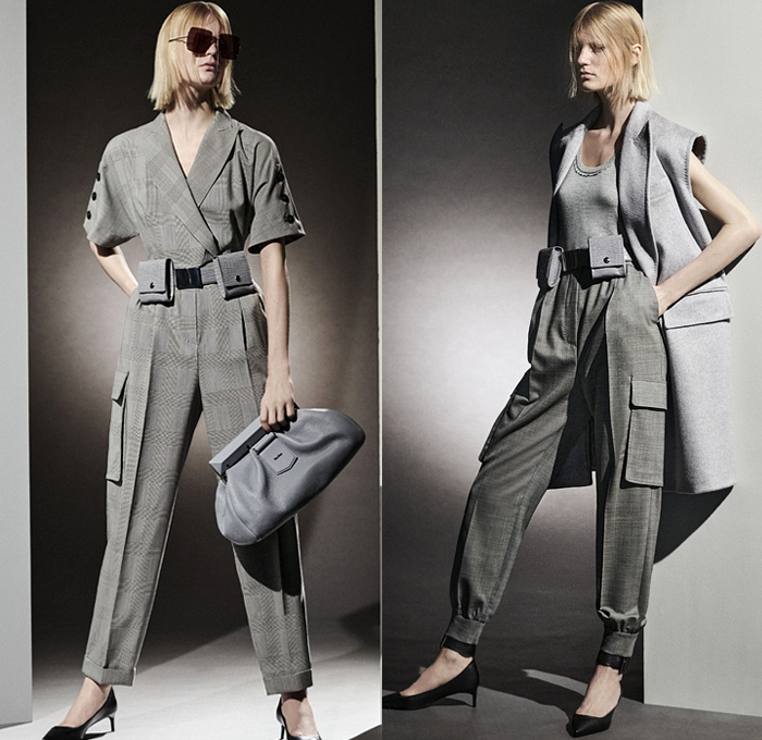 Max Mara 2021 Pre-Fall Autumn Womens Lookbook Presentation - Urban Military Combat Tailoring Utility Pockets Cargo Pockets Silk Gazar Sheer Herringbone Check Kimono Robe Blazer Sleeveless Vest Tabard Poufy Shoulders Puff Sleeves Bomber Jacket Trench Coat Pussycat Bow Pantsuit Long Sleeve Shirtdress Blouse Dress Cinch Drawstring Tapered Cargo Pants Jogger Sweatpants Wide Leg Flare Skirt Fanny Pack Belt Bum Bag Waist Pouch Handbag Kitten Heels Flats