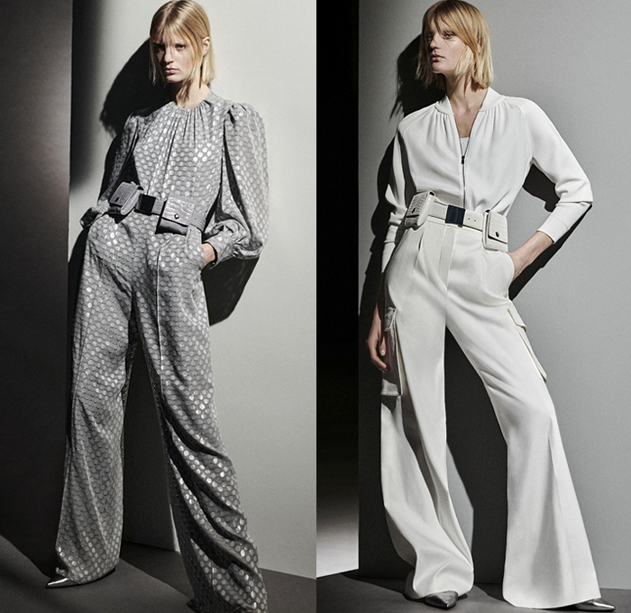 Max Mara 2021 Pre-Fall Autumn Womens Lookbook Presentation - Urban Military Combat Tailoring Utility Pockets Cargo Pockets Silk Gazar Sheer Herringbone Check Kimono Robe Blazer Sleeveless Vest Tabard Poufy Shoulders Puff Sleeves Bomber Jacket Trench Coat Pussycat Bow Pantsuit Long Sleeve Shirtdress Blouse Dress Cinch Drawstring Tapered Cargo Pants Jogger Sweatpants Wide Leg Flare Skirt Fanny Pack Belt Bum Bag Waist Pouch Handbag Kitten Heels Flats