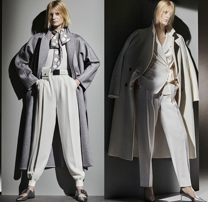 Max Mara 2021 Pre-Fall Autumn Womens Lookbook Presentation - Urban Military Combat Tailoring Utility Pockets Cargo Pockets Silk Gazar Sheer Herringbone Check Kimono Robe Blazer Sleeveless Vest Tabard Poufy Shoulders Puff Sleeves Bomber Jacket Trench Coat Pussycat Bow Pantsuit Long Sleeve Shirtdress Blouse Dress Cinch Drawstring Tapered Cargo Pants Jogger Sweatpants Wide Leg Flare Skirt Fanny Pack Belt Bum Bag Waist Pouch Handbag Kitten Heels Flats