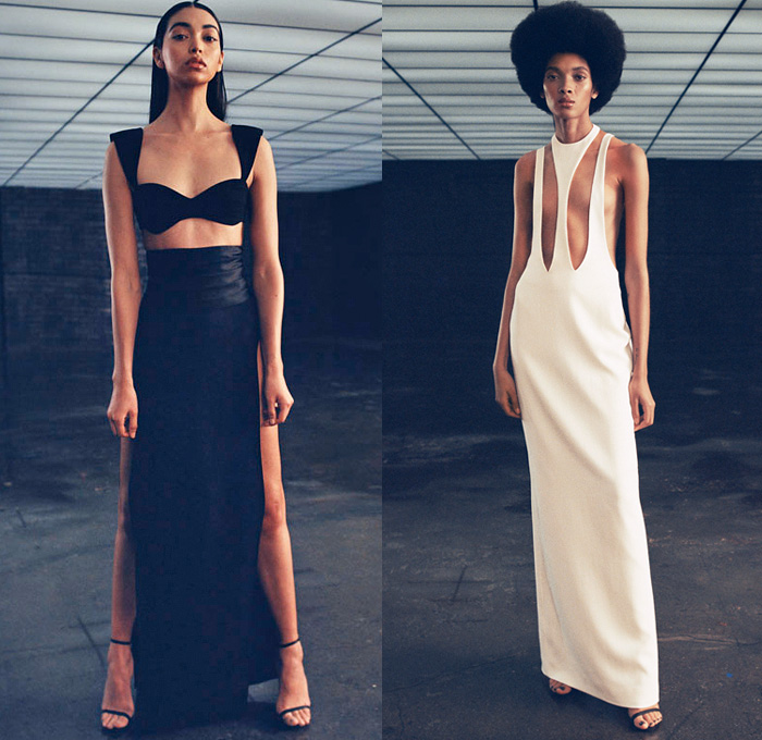 Mônot 2021-2022 Fall Autumn Winter Womens Lookbook Presentation - New York Fashion Week NYFW - Collection 003 Minimalist Ruffles Accordion Pleats Wide Sleeves One Shoulder Noodle Strap Strings Tied Cutout Waist High Slit Black Dress Crop Top Midriff Bralette Halterneck Curved Hem Swirls Onesie Jumpsuit Coveralls Strapless Open Neckline Crinoline Sheer Chiffon Draped Lace Up Flare Pants Gown Trench Coat Blazer