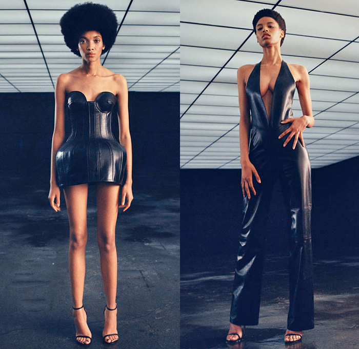 Mônot 2021-2022 Fall Autumn Winter Womens Lookbook Presentation - New York Fashion Week NYFW - Collection 003 Minimalist Ruffles Accordion Pleats Wide Sleeves One Shoulder Noodle Strap Strings Tied Cutout Waist High Slit Black Dress Crop Top Midriff Bralette Halterneck Curved Hem Swirls Onesie Jumpsuit Coveralls Strapless Open Neckline Crinoline Sheer Chiffon Draped Lace Up Flare Pants Gown Trench Coat Blazer