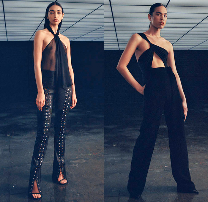 Mônot 2021-2022 Fall Autumn Winter Womens Lookbook Presentation - New York Fashion Week NYFW - Collection 003 Minimalist Ruffles Accordion Pleats Wide Sleeves One Shoulder Noodle Strap Strings Tied Cutout Waist High Slit Black Dress Crop Top Midriff Bralette Halterneck Curved Hem Swirls Onesie Jumpsuit Coveralls Strapless Open Neckline Crinoline Sheer Chiffon Draped Lace Up Flare Pants Gown Trench Coat Blazer