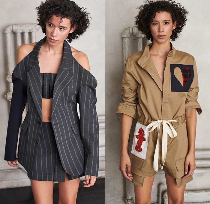 Monse New York 2021 Pre-Fall Autumn Womens Lookbook Presentation - Deconstructed Hybrid Patchwork Upcycled Deadstock Fabrics Denim Jeans Jacket Pinstripe Blazer Cutout Shoulders Accordion Pleats Skirt Shirt Blouse Lace Up Shoelaces Stripes Shorts Trackpants Asymmetrical Handkerchief Hem Crop Top Midriff Bandeau Onesie Playsuit Romper Patches Illustrations Rabbit Taxi Athleisure Sportswear Drawstring Check Trench Coat Bandage Strap Bodycon One Shoulder Dress Sweatshirt Buttons Boots