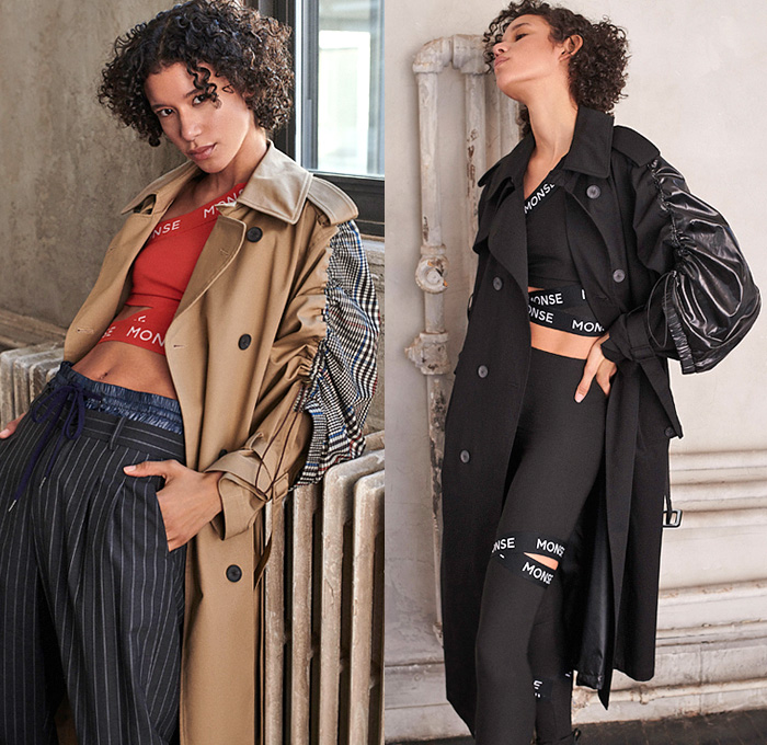 Monse New York 2021 Pre-Fall Autumn Womens Lookbook Presentation - Deconstructed Hybrid Patchwork Upcycled Deadstock Fabrics Denim Jeans Jacket Pinstripe Blazer Cutout Shoulders Accordion Pleats Skirt Shirt Blouse Lace Up Shoelaces Stripes Shorts Trackpants Asymmetrical Handkerchief Hem Crop Top Midriff Bandeau Onesie Playsuit Romper Patches Illustrations Rabbit Taxi Athleisure Sportswear Drawstring Check Trench Coat Bandage Strap Bodycon One Shoulder Dress Sweatshirt Buttons Boots