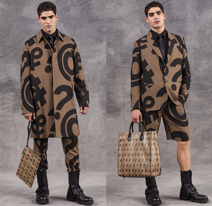 Moschino 2021 Pre-Fall Autumn Mens Lookbook Presentation - 1980s-1990s Eighties Nineties Hashtags At Sign Ampersand Numbers Digits Stars Computer Technology Newspaper Tabloids Print Plaid Check Houndstooth Motorcycle Biker Leather Tuxedo Cocktail Jacket Denim Jeans Trench Coat Parka Quilted Puffer Blazer Hoodie Sweatshirt Sweater Trackwear Shorts Skinny Slouchy Relaxed Pants Handbag Backpack Tote Bag Clutch Satchel Boots