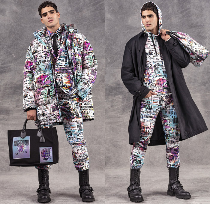 Moschino 2021 Pre-Fall Autumn Mens Lookbook Presentation - 1980s-1990s Eighties Nineties Hashtags At Sign Ampersand Numbers Digits Stars Computer Technology Newspaper Tabloids Print Plaid Check Houndstooth Motorcycle Biker Leather Tuxedo Cocktail Jacket Denim Jeans Trench Coat Parka Quilted Puffer Blazer Hoodie Sweatshirt Sweater Trackwear Shorts Skinny Slouchy Relaxed Pants Handbag Backpack Tote Bag Clutch Satchel Boots