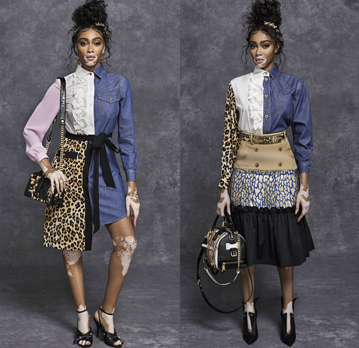 Moschino 2021 Pre-Fall Autumn Womens Lookbook Presentation - Frankensteined Deconstructed Hybrid Patchwork Split Half Leopard Giraffe Spots Shirtdress Big Bows Ribbons Denim Jeans Motorcycle Biker Leather Bomber Studs Blouse Ruffles Tweed Coat Zipper Teddy Bear Plush Eyes Crop Top Midriff Prison Stripes Poufy Puff One Shoulder Sheer Tulle Silk Satin Gown Sequins Blazerdress Sweats Tights Stockings Shorts Miniskirt Jacket Bag Canister Handbag Fanny Pack Officer Hat Thigh High Boots