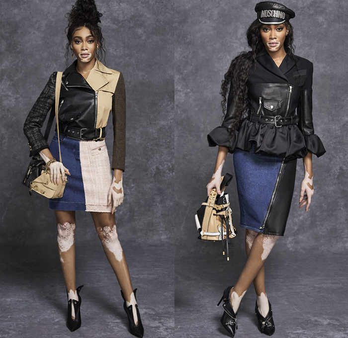 Moschino 2021 Pre-Fall Autumn Womens Lookbook Presentation - Frankensteined Deconstructed Hybrid Patchwork Split Half Leopard Giraffe Spots Shirtdress Big Bows Ribbons Denim Jeans Motorcycle Biker Leather Bomber Studs Blouse Ruffles Tweed Coat Zipper Teddy Bear Plush Eyes Crop Top Midriff Prison Stripes Poufy Puff One Shoulder Sheer Tulle Silk Satin Gown Sequins Blazerdress Sweats Tights Stockings Shorts Miniskirt Jacket Bag Canister Handbag Fanny Pack Officer Hat Thigh High Boots