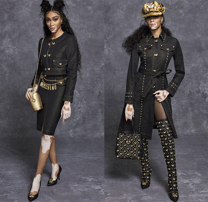 Moschino 2021 Pre-Fall Autumn Womens Lookbook Presentation - Frankensteined Deconstructed Hybrid Patchwork Split Half Leopard Giraffe Spots Shirtdress Big Bows Ribbons Denim Jeans Motorcycle Biker Leather Bomber Studs Blouse Ruffles Tweed Coat Zipper Teddy Bear Plush Eyes Crop Top Midriff Prison Stripes Poufy Puff One Shoulder Sheer Tulle Silk Satin Gown Sequins Blazerdress Sweats Tights Stockings Shorts Miniskirt Jacket Bag Canister Handbag Fanny Pack Officer Hat Thigh High Boots