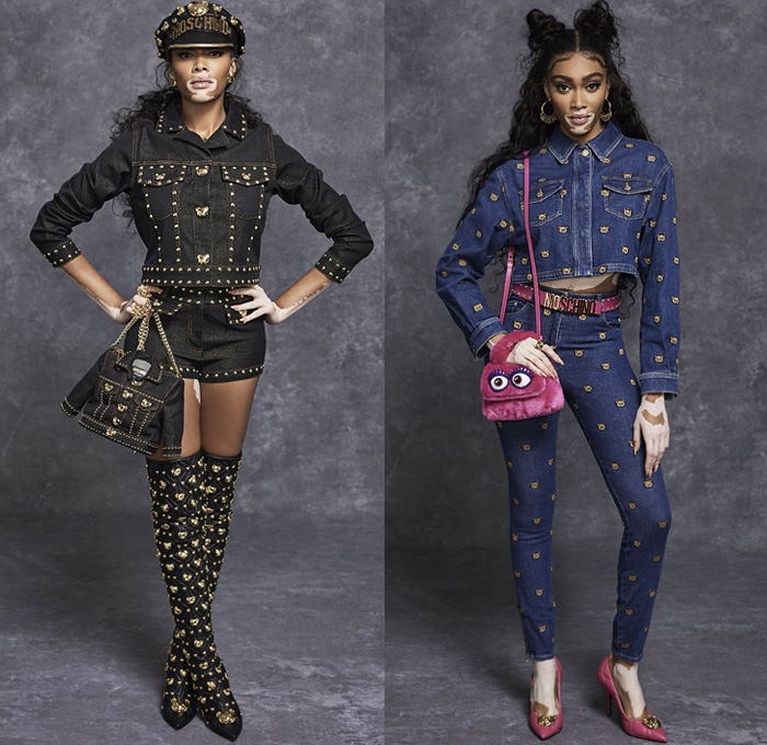 Moschino 2021 Pre-Fall Autumn Womens Lookbook Presentation - Frankensteined Deconstructed Hybrid Patchwork Split Half Leopard Giraffe Spots Shirtdress Big Bows Ribbons Denim Jeans Motorcycle Biker Leather Bomber Studs Blouse Ruffles Tweed Coat Zipper Teddy Bear Plush Eyes Crop Top Midriff Prison Stripes Poufy Puff One Shoulder Sheer Tulle Silk Satin Gown Sequins Blazerdress Sweats Tights Stockings Shorts Miniskirt Jacket Bag Canister Handbag Fanny Pack Officer Hat Thigh High Boots