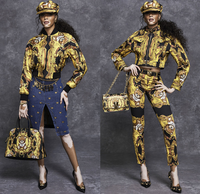 Moschino 2021 Pre-Fall Autumn Womens Lookbook Presentation - Frankensteined Deconstructed Hybrid Patchwork Split Half Leopard Giraffe Spots Shirtdress Big Bows Ribbons Denim Jeans Motorcycle Biker Leather Bomber Studs Blouse Ruffles Tweed Coat Zipper Teddy Bear Plush Eyes Crop Top Midriff Prison Stripes Poufy Puff One Shoulder Sheer Tulle Silk Satin Gown Sequins Blazerdress Sweats Tights Stockings Shorts Miniskirt Jacket Bag Canister Handbag Fanny Pack Officer Hat Thigh High Boots