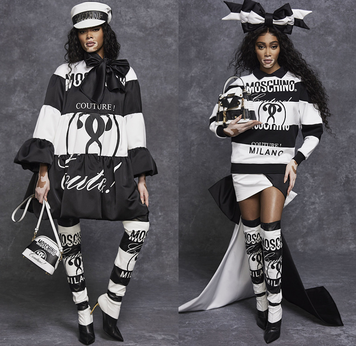 Moschino 2021 Pre-Fall Autumn Womens Lookbook Presentation - Frankensteined Deconstructed Hybrid Patchwork Split Half Leopard Giraffe Spots Shirtdress Big Bows Ribbons Denim Jeans Motorcycle Biker Leather Bomber Studs Blouse Ruffles Tweed Coat Zipper Teddy Bear Plush Eyes Crop Top Midriff Prison Stripes Poufy Puff One Shoulder Sheer Tulle Silk Satin Gown Sequins Blazerdress Sweats Tights Stockings Shorts Miniskirt Jacket Bag Canister Handbag Fanny Pack Officer Hat Thigh High Boots