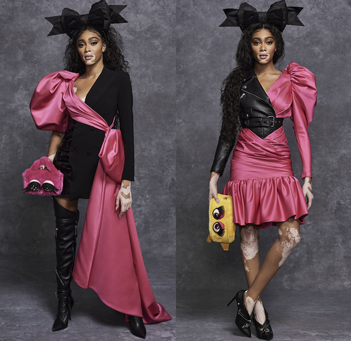 Moschino 2021 Pre-Fall Autumn Womens Lookbook Presentation - Frankensteined Deconstructed Hybrid Patchwork Split Half Leopard Giraffe Spots Shirtdress Big Bows Ribbons Denim Jeans Motorcycle Biker Leather Bomber Studs Blouse Ruffles Tweed Coat Zipper Teddy Bear Plush Eyes Crop Top Midriff Prison Stripes Poufy Puff One Shoulder Sheer Tulle Silk Satin Gown Sequins Blazerdress Sweats Tights Stockings Shorts Miniskirt Jacket Bag Canister Handbag Fanny Pack Officer Hat Thigh High Boots