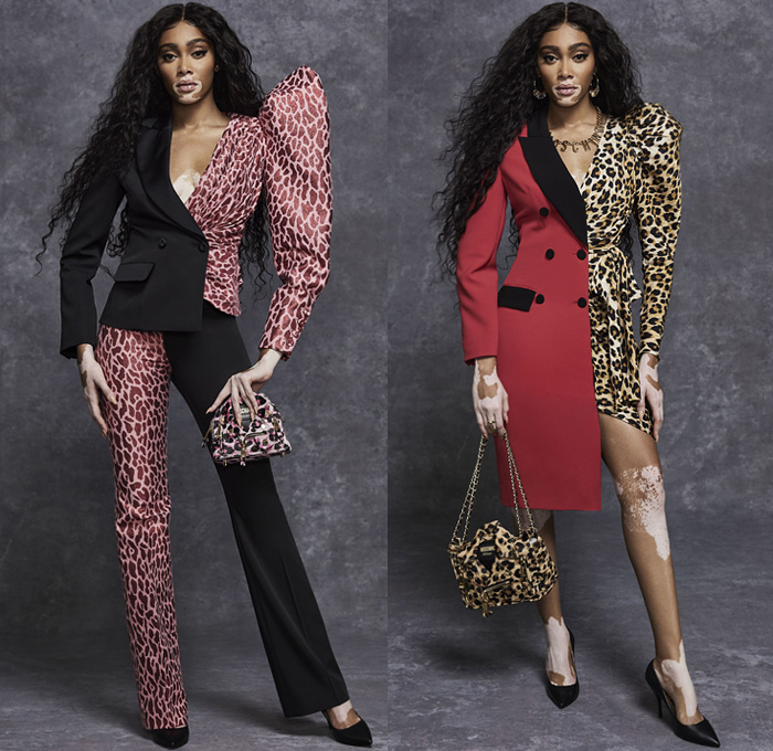 Moschino 2021 Pre-Fall Autumn Womens Lookbook Presentation - Frankensteined Deconstructed Hybrid Patchwork Split Half Leopard Giraffe Spots Shirtdress Big Bows Ribbons Denim Jeans Motorcycle Biker Leather Bomber Studs Blouse Ruffles Tweed Coat Zipper Teddy Bear Plush Eyes Crop Top Midriff Prison Stripes Poufy Puff One Shoulder Sheer Tulle Silk Satin Gown Sequins Blazerdress Sweats Tights Stockings Shorts Miniskirt Jacket Bag Canister Handbag Fanny Pack Officer Hat Thigh High Boots